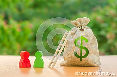 Money bag with dollar symbol and wo human figures near a ladder. Startup and crowdfunding. Deposit and savings. Achieving the goal Stock Photo