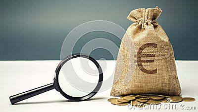 Money bag with euro sign and magnifying glass. The concept of finding sources of investment and sponsors. Charitable funds. Stock Photo