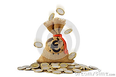 Money bag and falling euro coins on pile of coins - Concept of finance and earnings Stock Photo