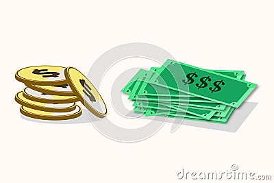 Money bag flat illustration. Dollars and gold coins stack. Wealth and banking icon. Isolated on white Vector Illustration