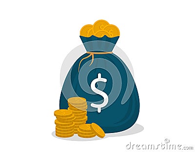 Money bag in a flat style. A bag full of coins. Remuneration, salary, winnings Stock Photo