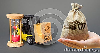 Money bag, forklift with boxes and hourglass. Urgent delivery of medicines and medical protective masks. Supply hospitals and Stock Photo