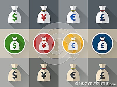 Money bag icon set with currency symbol Vector Illustration