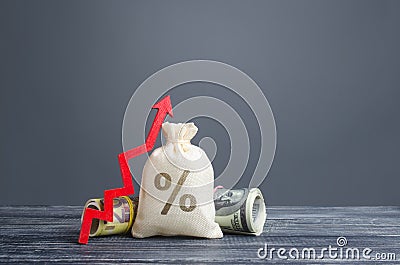 Money bag interest rate and red up arrow. Favorable offers on deposits. Cheap loans for economic growth and business development. Stock Photo