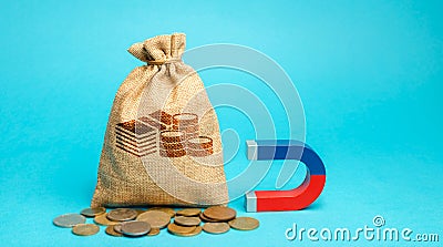 Money bag and magnet. Attracting investments for business purposes and startups. Increase profits and attract new customers. Stock Photo