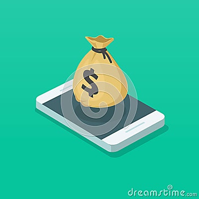 Money bag and mobile phone vector illustration, 3d isometric smartphone and cash bag, concept of electronic wallet app Vector Illustration