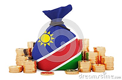 Money bag with Namibian flag and golden coins around, 3D rendering Stock Photo