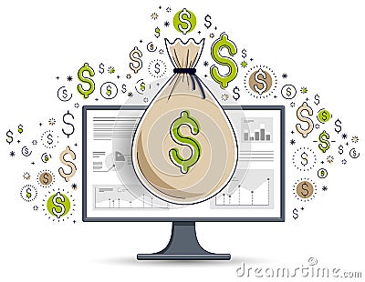 Money bag over computer monitor and dollar icons set, online banking or bookkeeping concept, internet electronic money, savings, Vector Illustration