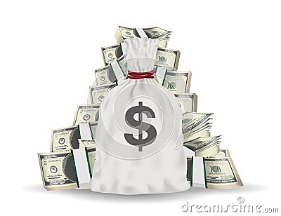 Money bag with pile of pack dollar banknotes Vector Illustration