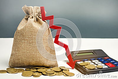 Money bag and red arrow down. Economic difficulties. Stagnation, declining business activity, falling wealth. Capital flight, high Stock Photo