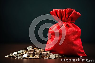 money bag red with gold coins Stock Photo