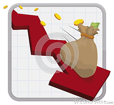 Money Bag Sliding in a Falling Arrow due Economic Crisis, Vector Illustration Vector Illustration