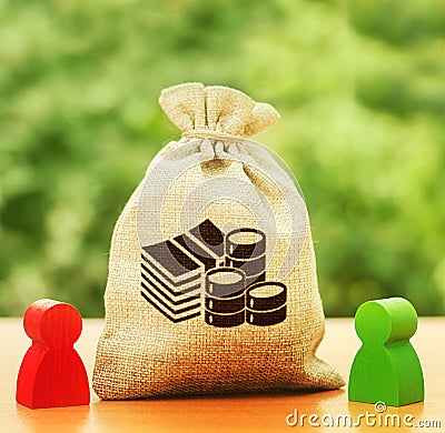 Money bag and two people businessmen. Business investment and lending, leasing. Dispute solution between . Division of property. Stock Photo