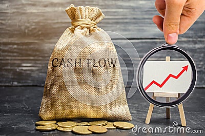 A money bag with the word Cash Flow and a chart with an up arrow. Financial planning. Financial management concept. Analysis of Stock Photo