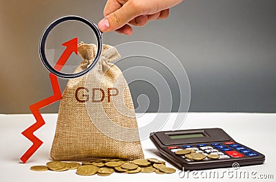 Money bag with the word GDP and up arrow. Technological progress, increasing the level of workers, improving the allocation of Stock Photo