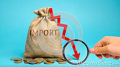 Money bag with the word Import and down arrow. The fall of imports. Reducing the competitiveness of imported goods. Sanctions and Stock Photo