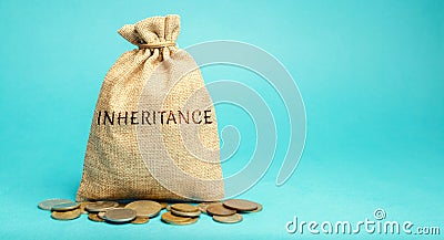 Money bag with the word Inheritance. Separation of inheritance between relatives or transfer of property to charitable Stock Photo