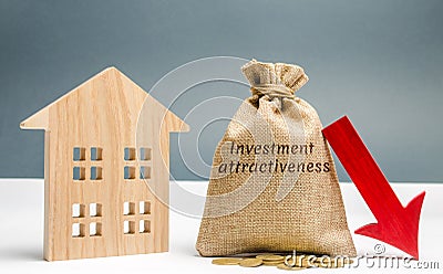 Money bag with the word Investment attractiveness and a down arrow with a house. Concept of falling attractiveness and investment Stock Photo