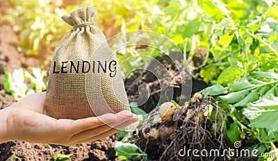 Money bag with the word Lending on the background of plantations. The concept of agricultural lending. Taking a loan for the Stock Photo