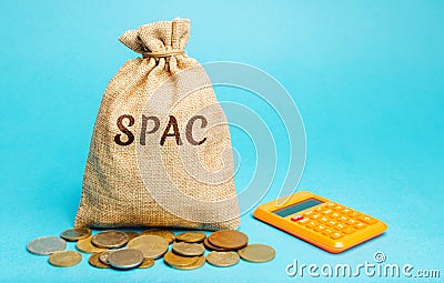 Money bag with the word SPAC - Special purpose acquisition company. Simplified listing of company, merger bypassing stock exchange Stock Photo