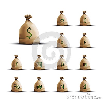 Money Bags with currency symbols Vector Illustration