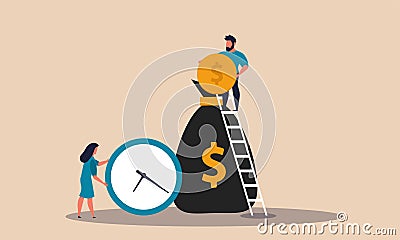 Money bank for business. Time is money vector illustration concept. The man puts a coin in the bag and the girl pushes the watch. Vector Illustration