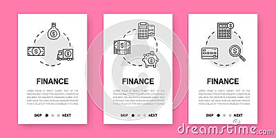 Money and Banking vertical app screens. Web site design illustration. Credit Card, Currency Exchange, Terminal mobile Vector Illustration