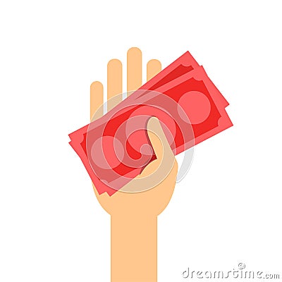 Money banknote red in hand holding isolated on white, illustration money in hand, savings money concept Vector Illustration