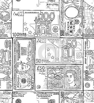 Money banknotes of different countries. US dollar, British pound sterling, Japanese yuan, Russian ruble, Swiss franc Vector Illustration