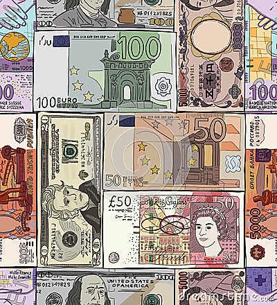 Money banknotes of different countries. US dollar, British pound sterling, Japanese yuan, Russian ruble, Swiss franc Vector Illustration