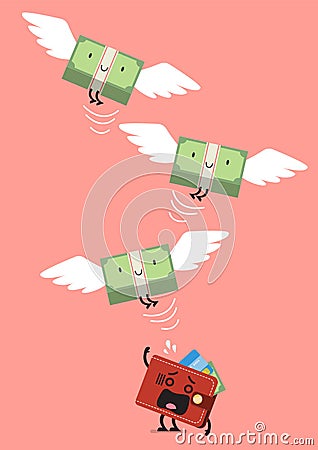 Money bill flying out of wallet character Vector Illustration