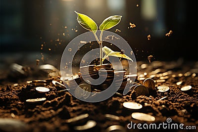 Money blooms in soil, business success nurtured by nature's sunshine Stock Photo