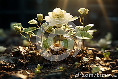 Money blooms in soil, business success nurtured by nature's sunshine Stock Photo