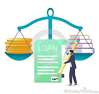 Money and books on scales. Man signing loan agreement, vector illustration. Student loan. Knowledge value, worth. Vector Illustration