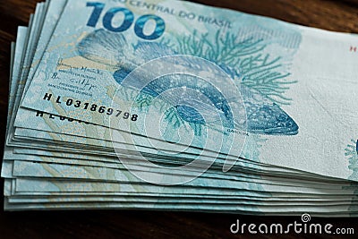 Money from Brazil, high value, currency 100 reais Stock Photo