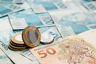 Notes of Real, Brazilian currency. Money from Brazil. Stock Photo