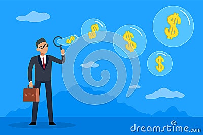 Money bubble. Greedy investor or businessman blowing soap bubbles, dollar signs inside. Speculation on stock market Vector Illustration