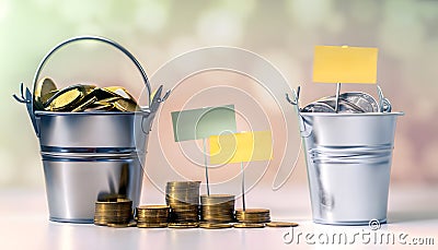 Money Buckets with Coins: A Visual Guide to Budgeting Stock Photo