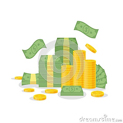 Money bundle and coin stack isolated on white background. Green dollar banknotes, bills fly, gold coins - flat vector Vector Illustration