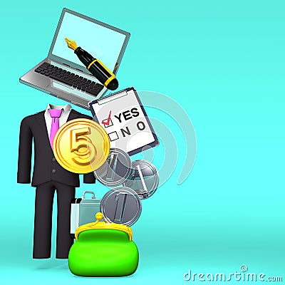 Money And Business Item On Blue Text Space Cartoon Illustration