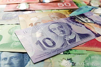 Money from Canada: Canadian Dollars. Bills spread and variation of amounts Stock Photo