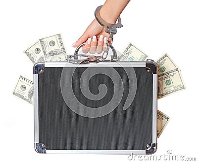 Money, case of dollars bills in female hand with handcuffs, isolated Stock Photo