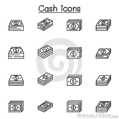 Money, cash, banknote and currency icon set in thin line style Vector Illustration