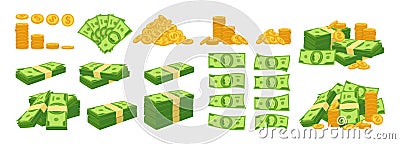 Money cash dollar stack pile coin cartoon set bank currency paper green dollars bill finance vector Vector Illustration