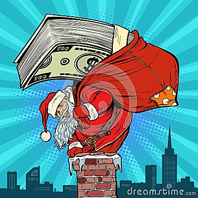 Money cash dollars. Santa Claus with gifts climbs into the chimn Vector Illustration