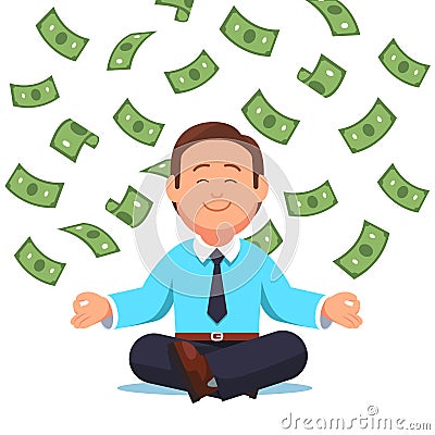 Money cash flying down on business man sitting Vector Illustration