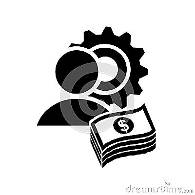 Money in cash, man and gear wheel, dollar, piles, stacks of dollars banknotes, symbol of economy growth, progress, profit, wealth, Vector Illustration