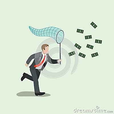 Money catching business dollars scoop net flat isometric vector Vector Illustration