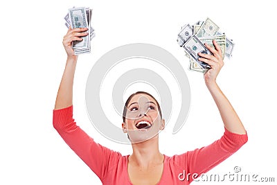 Money celebration, wow and studio woman excited for lotto win, competition prize or cash dollar award. Finance, payment Stock Photo