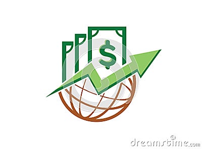 Money chart in the globe icon for logo design illustrator, statistic symbol, arrow grow up icon Stock Photo